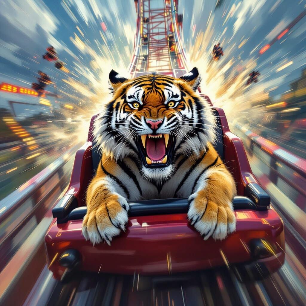 Tiger Screaming on Roller Coaster in Digital Painting Style