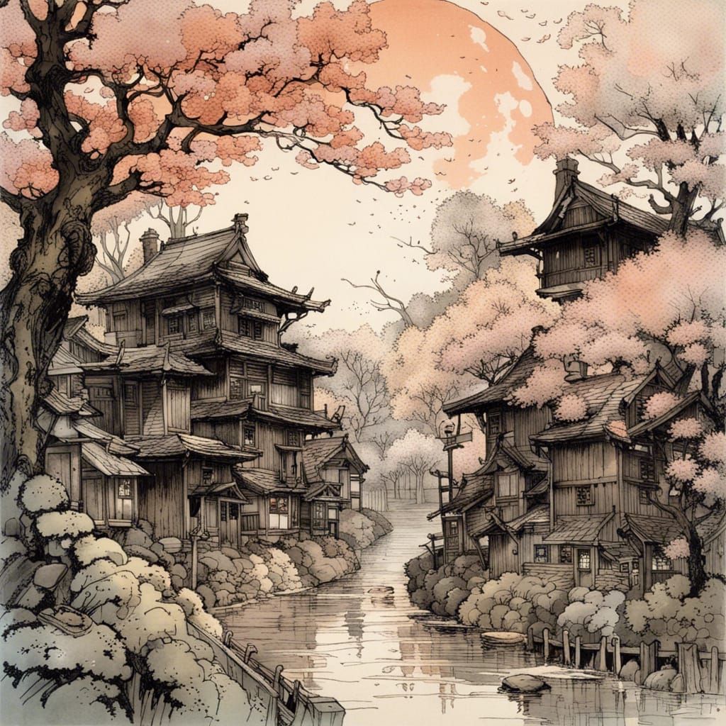 Quaint Village in Cherry Blossom Forest, Surreal Art