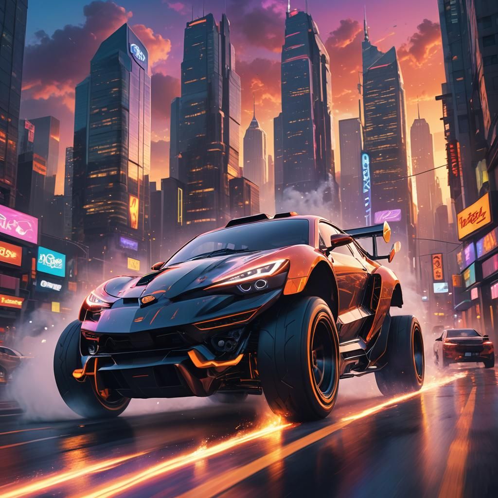Futuristic Vehicle Speeds Through Neon Cityscape