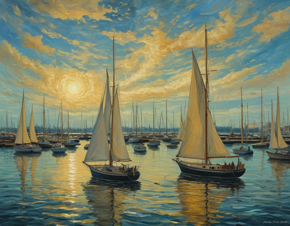 Golden Sky Over Marina Sailboats in Post-Impressionist Style