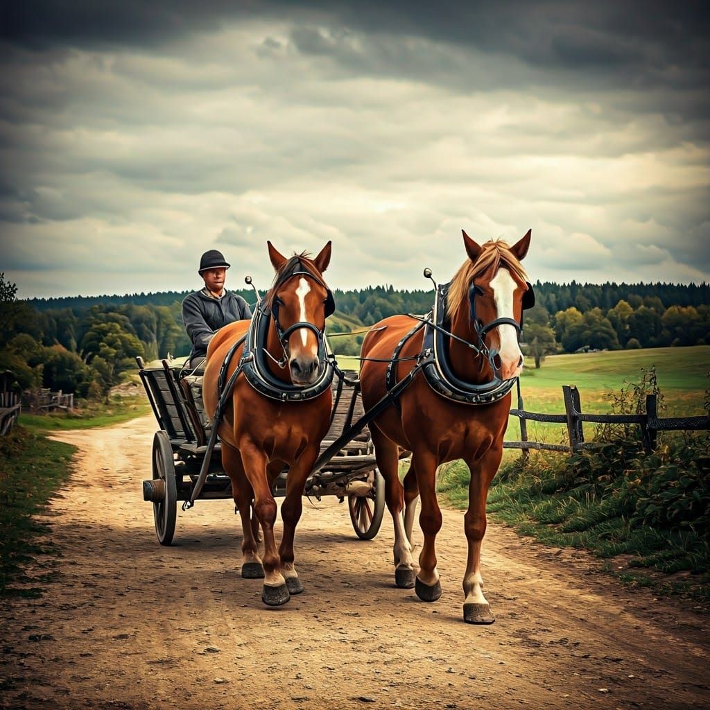 Horses and Cart on Rural Path: Cinematic Film Still