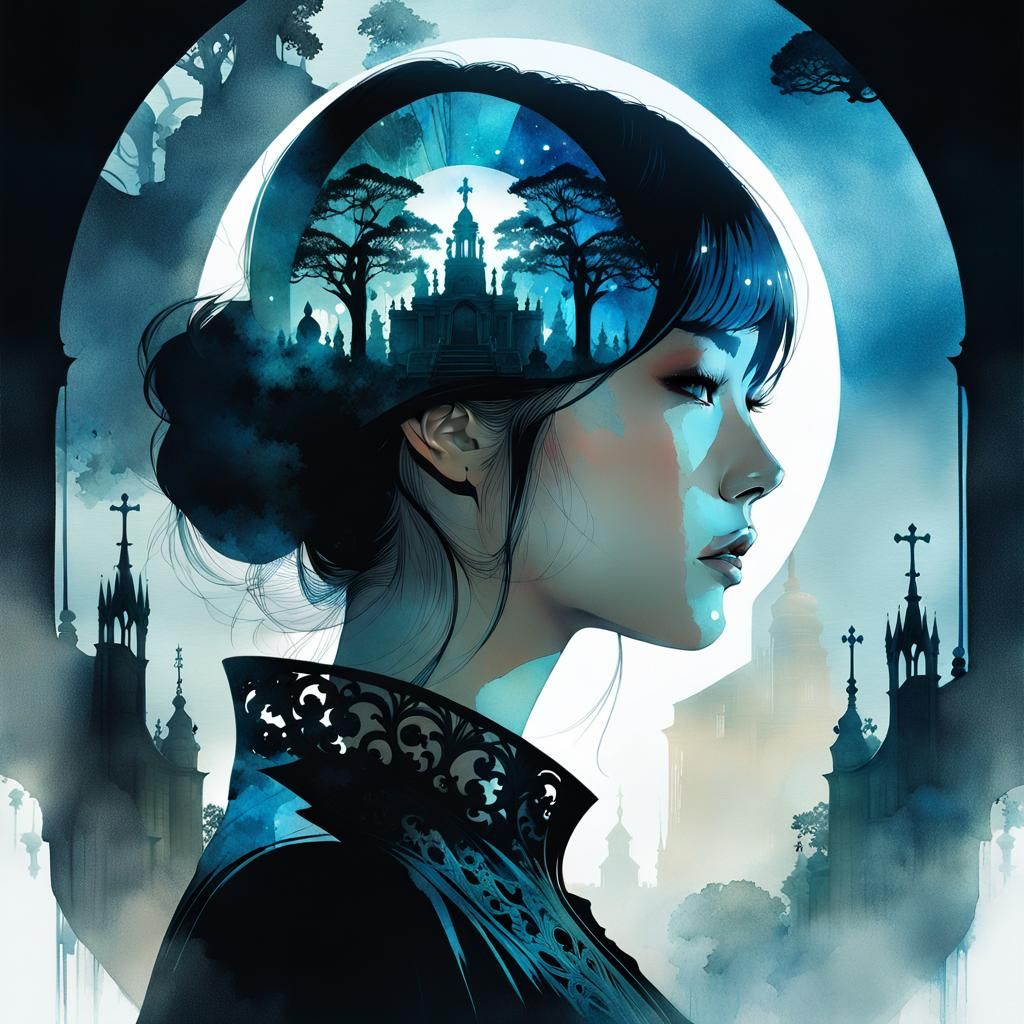 Graveyard Double Exposure in Watercolor Style