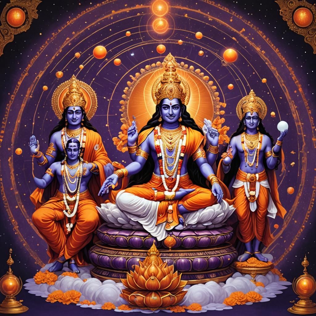 A photo of the Hindu trinity (Brahma, Vishnu, and Mahesh) combined with atomic particles (atom, electron, proton, neutro...