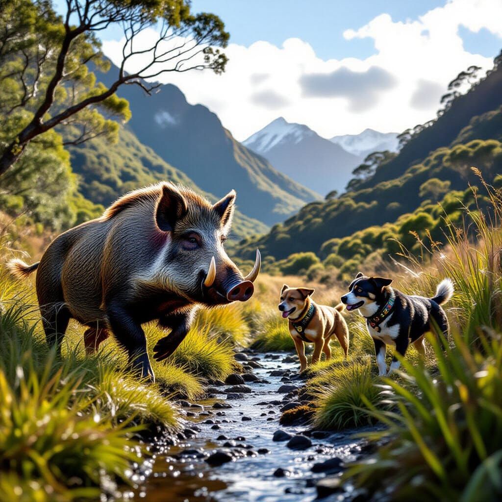 Wild Boar Defends Territory in New Zealand Bush