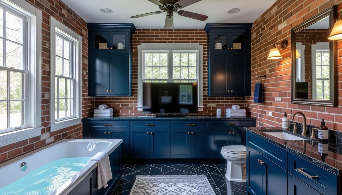 Victorian Dark Blue and Brick Bathroom with Modern Touches