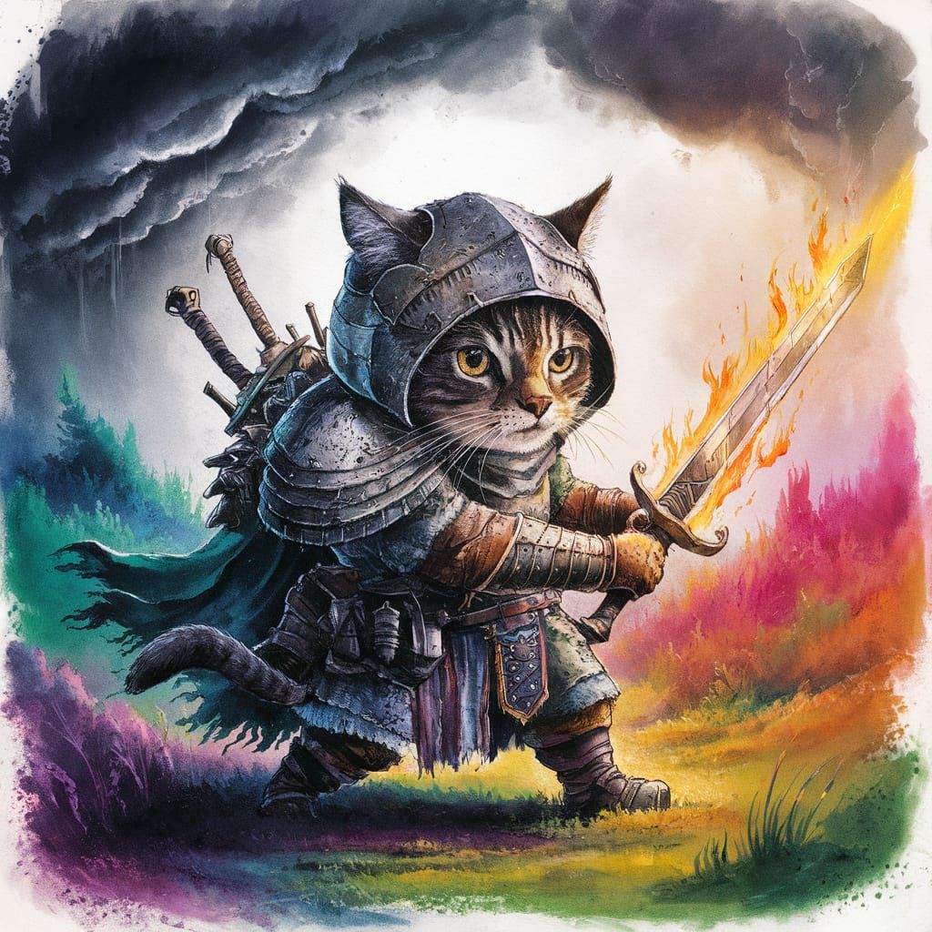 Cat as Abyss Watcher in Aquarelle Painting
