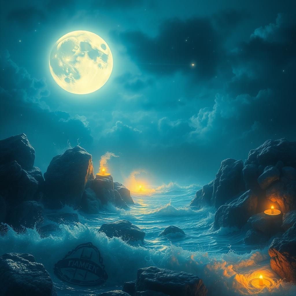 Ethereal Moonlit Scene with Mercury in Dreamy Blue Hues