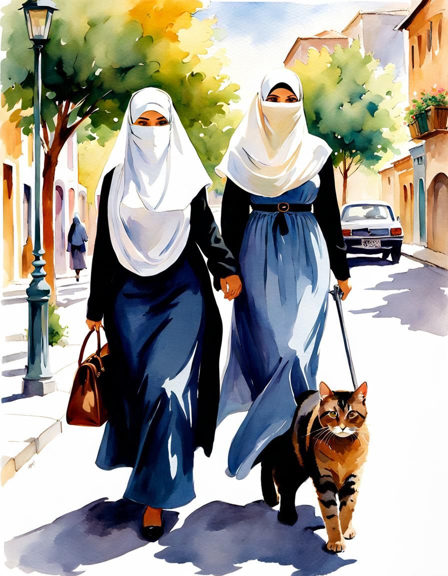 Teachers Walking Cats in Watercolor Style