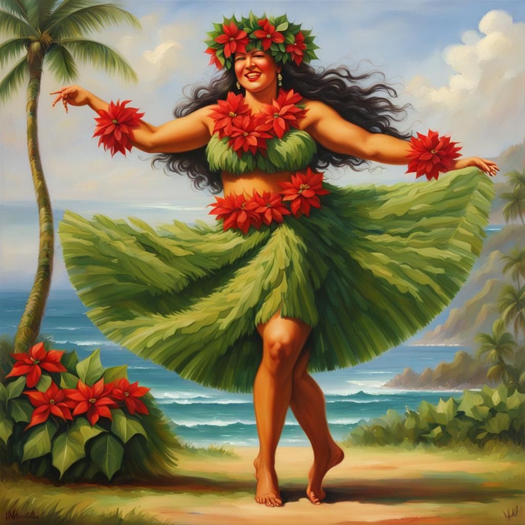 Festive Hula Dancer in Detailed Oil Painting Style