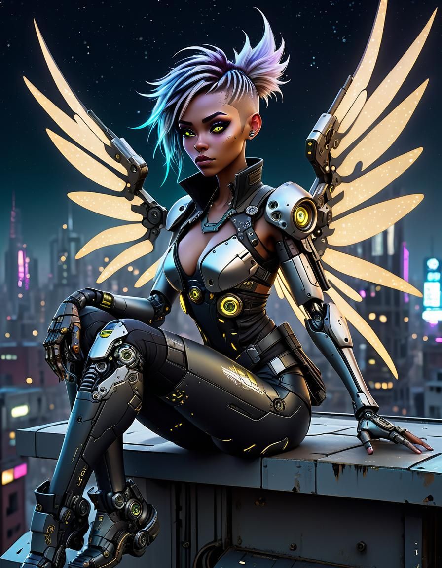 Cyberpunk Pixie Overlooking Dystopian City