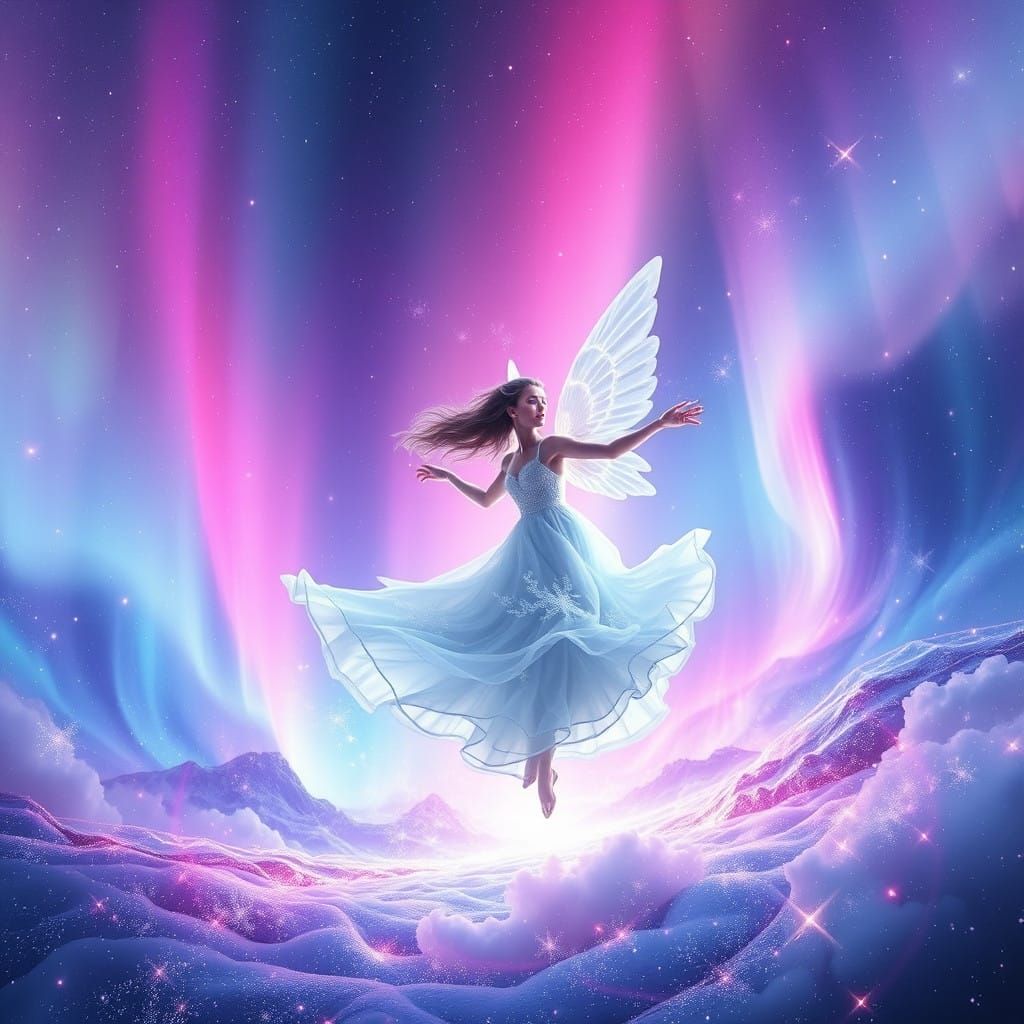 Celestial Muse Dances Amidst Vibrant Auroras in Ethereal Dre...