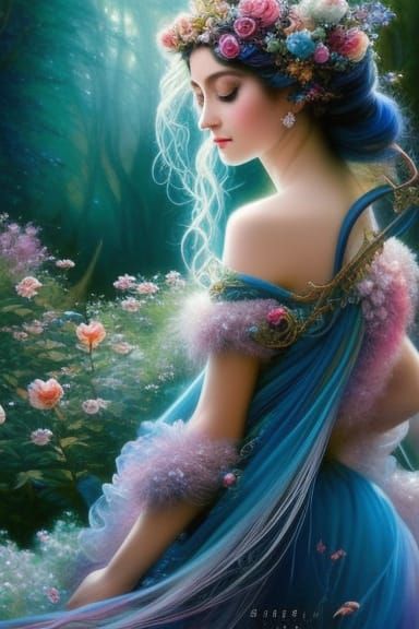 Blue Rose Fairy in Wildflower Meadow: Digital Art