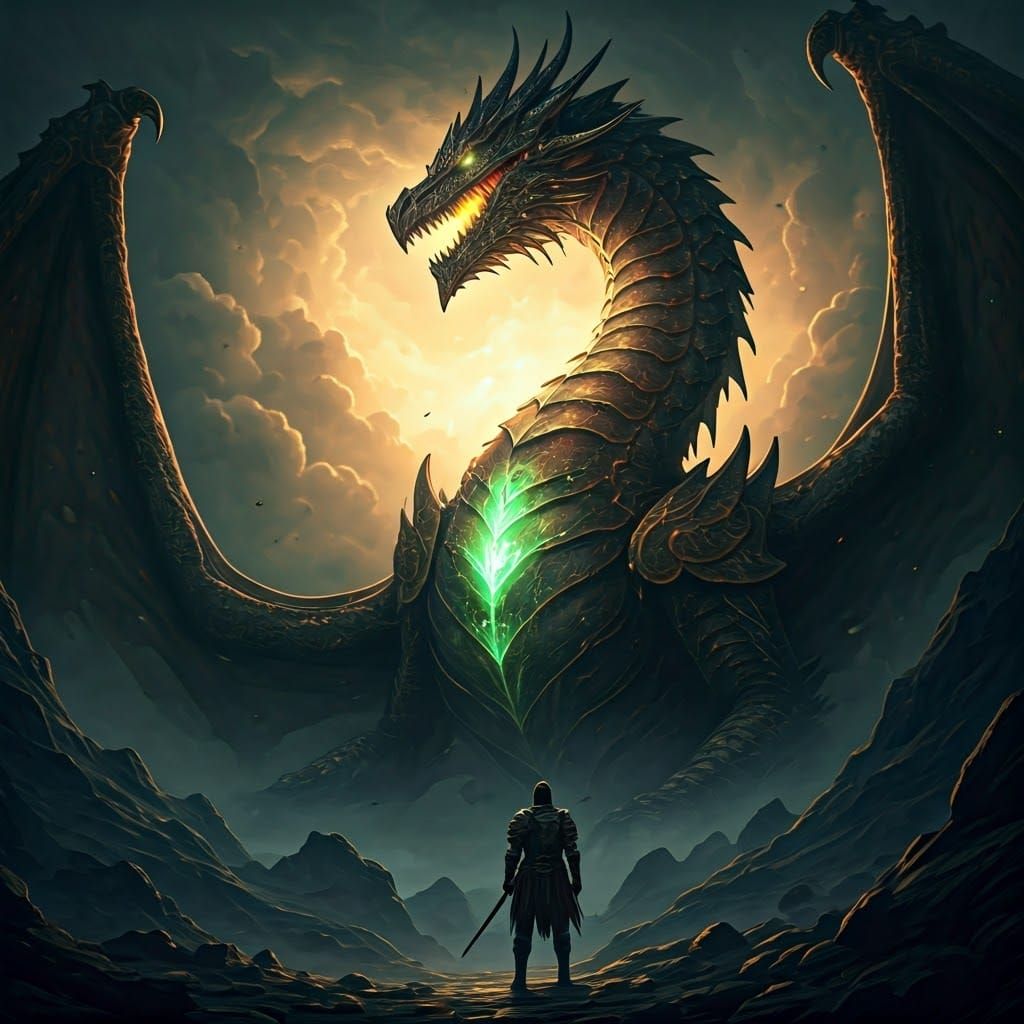 Colossal Arch-Dragon with Glowing Artifact