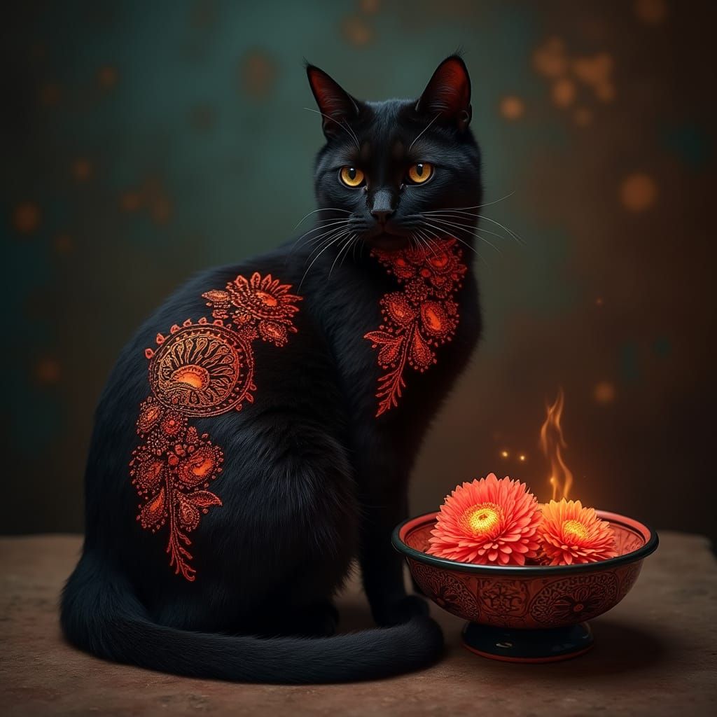Mystical Black Cat with Glowing Henna Design