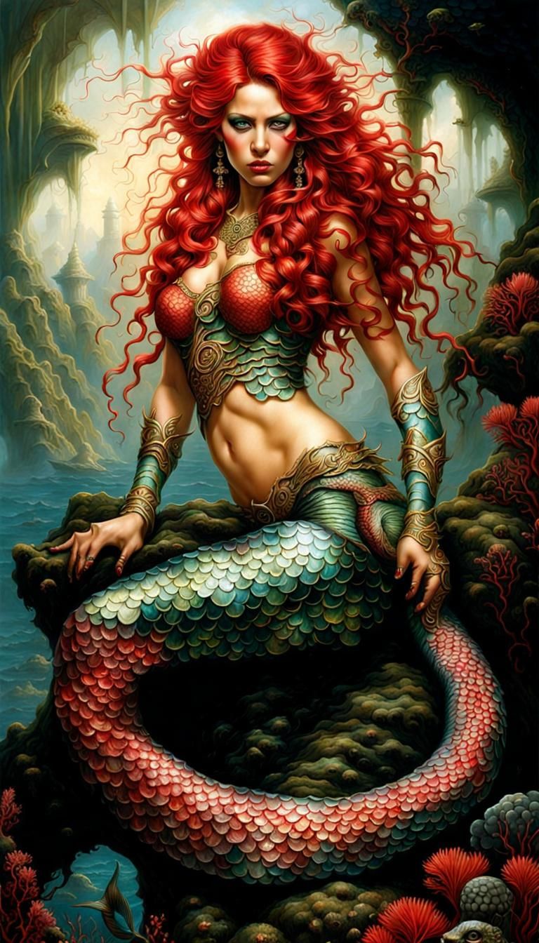 Fierce Red-Haired Mermaid in Dark Coral Reef
