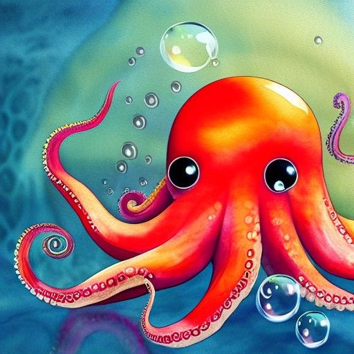 Cute Octopus in Bubble: Underwater Watercolor Seascape
