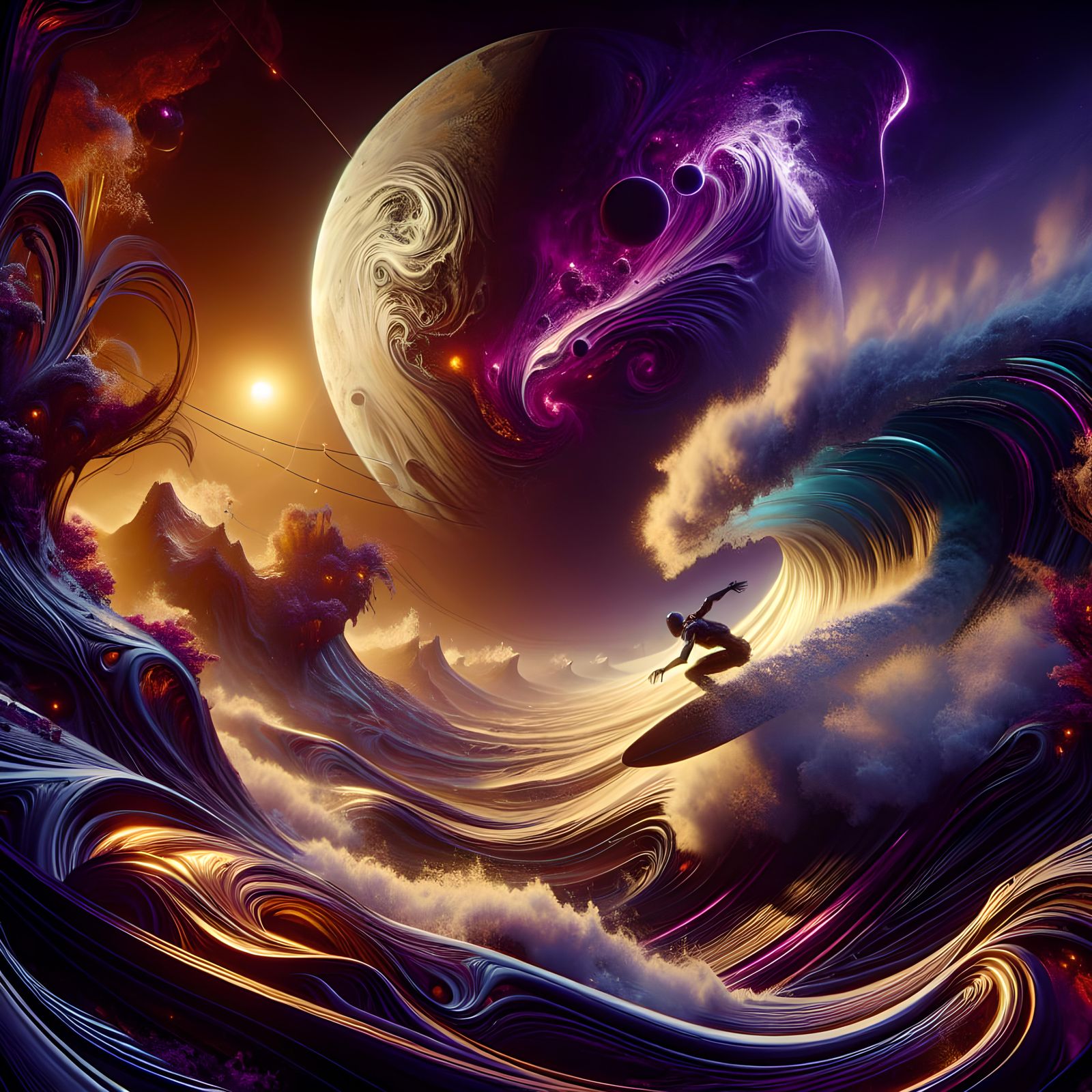 Surfer Rides Martian Wave in Dark Fantasy Style