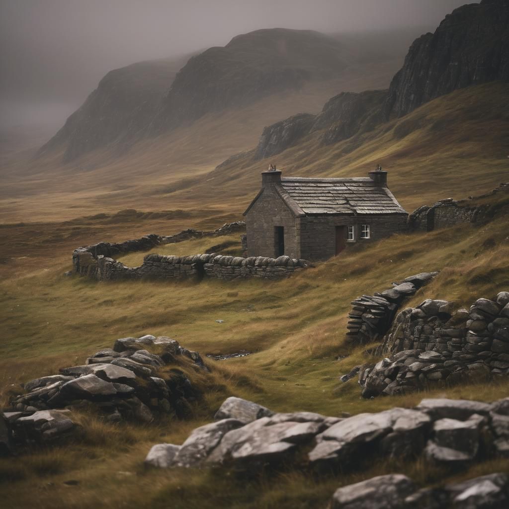 Remote Scottish Bothy in Moody Landscape
