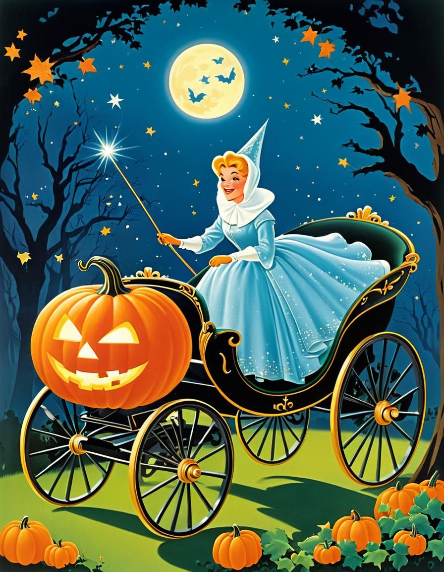 Fairy Godmother Creates Pumpkin Carriage: 1950s Illustration