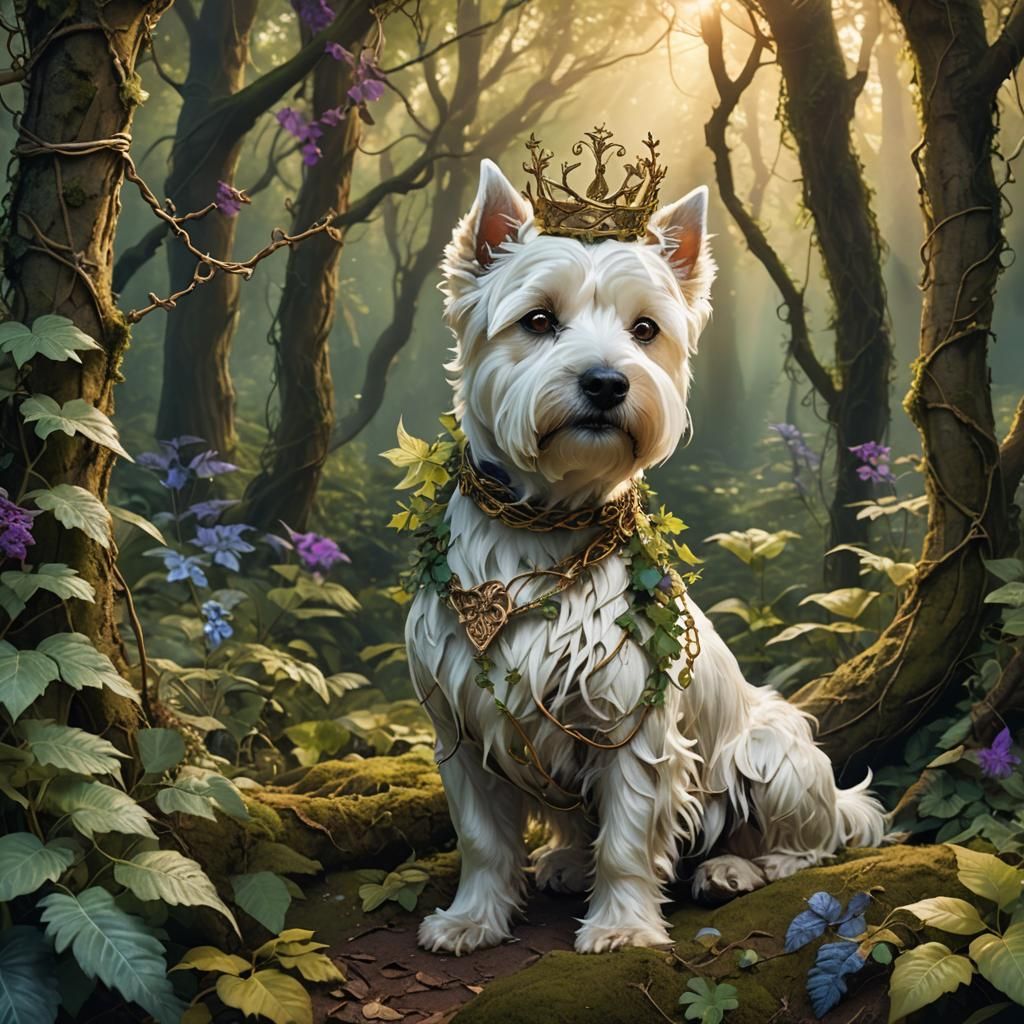 Mystical Forest Terrier with Plant Crown, as Digital Art
