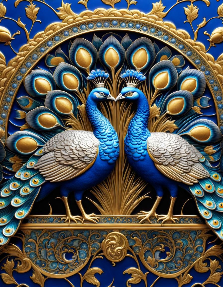 Enamelled Peacocks in Azure, Gold and Silver