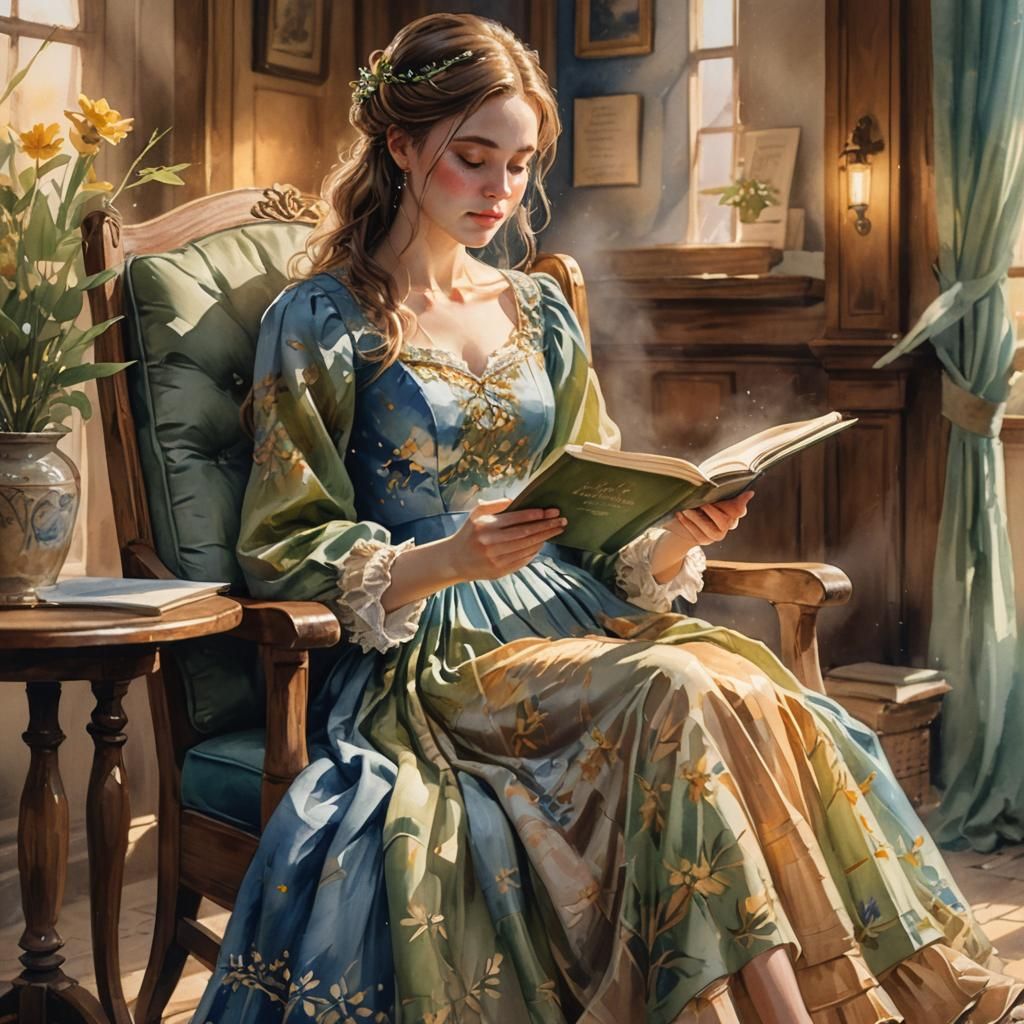 Girl Reading Book in Watercolor with Golden Light