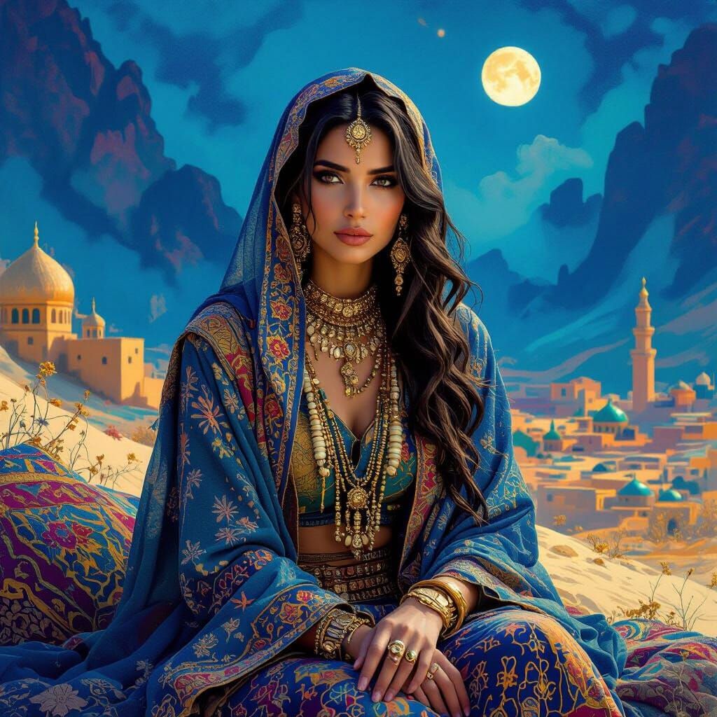 Mystical Woman Amira in Dreamlike Middle Eastern Landscape