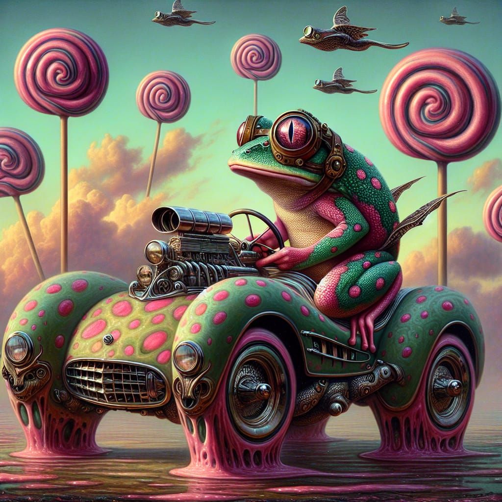 Steampunk Frog Drives Lollipop Car in Surreal Landscape