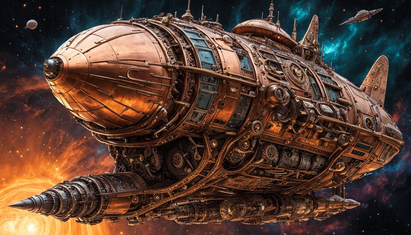 Surreal Steampunk Spaceship Illuminated by Golden Hour
