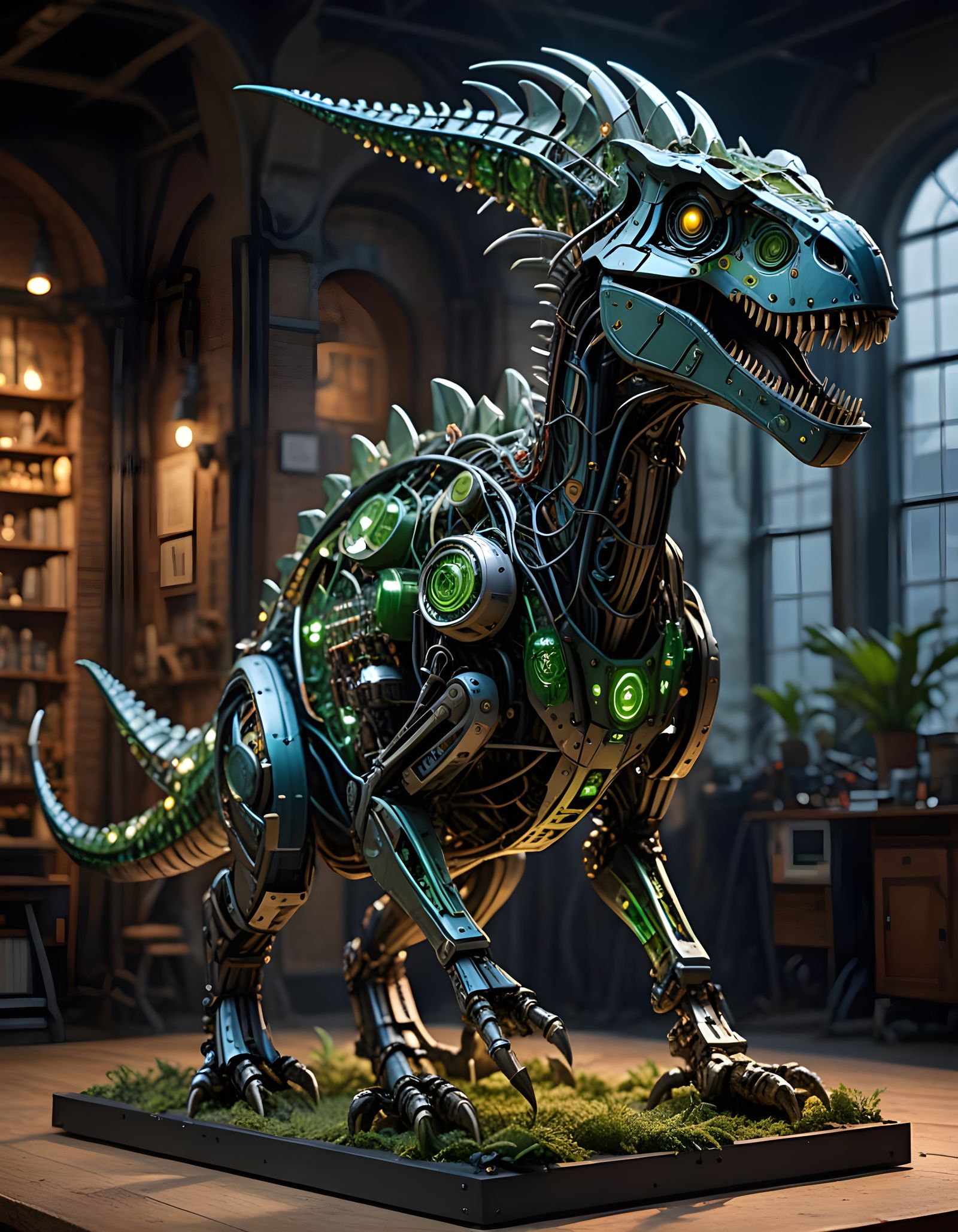 Futuristic Microchip Dinosaur Sculpture in Cyberpunk Style