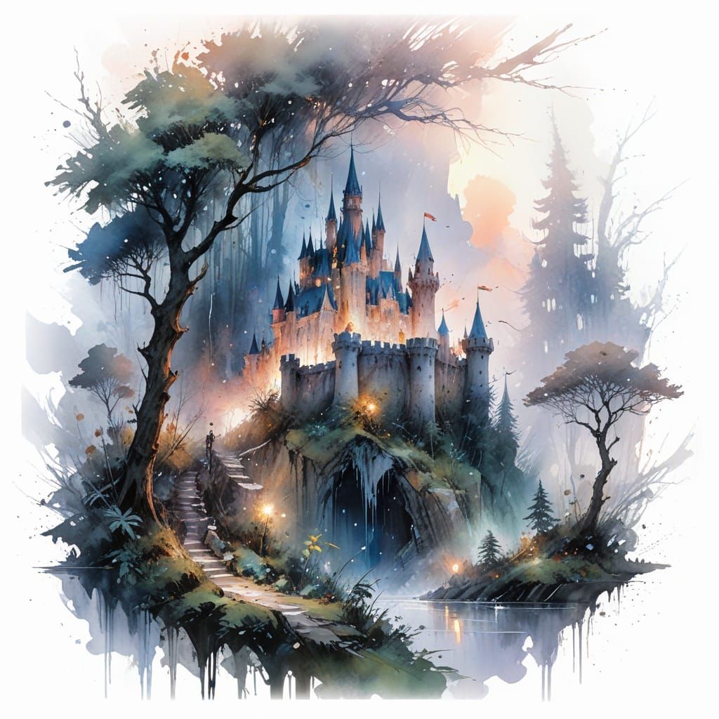 Whimsical Castle in Twilight Mist