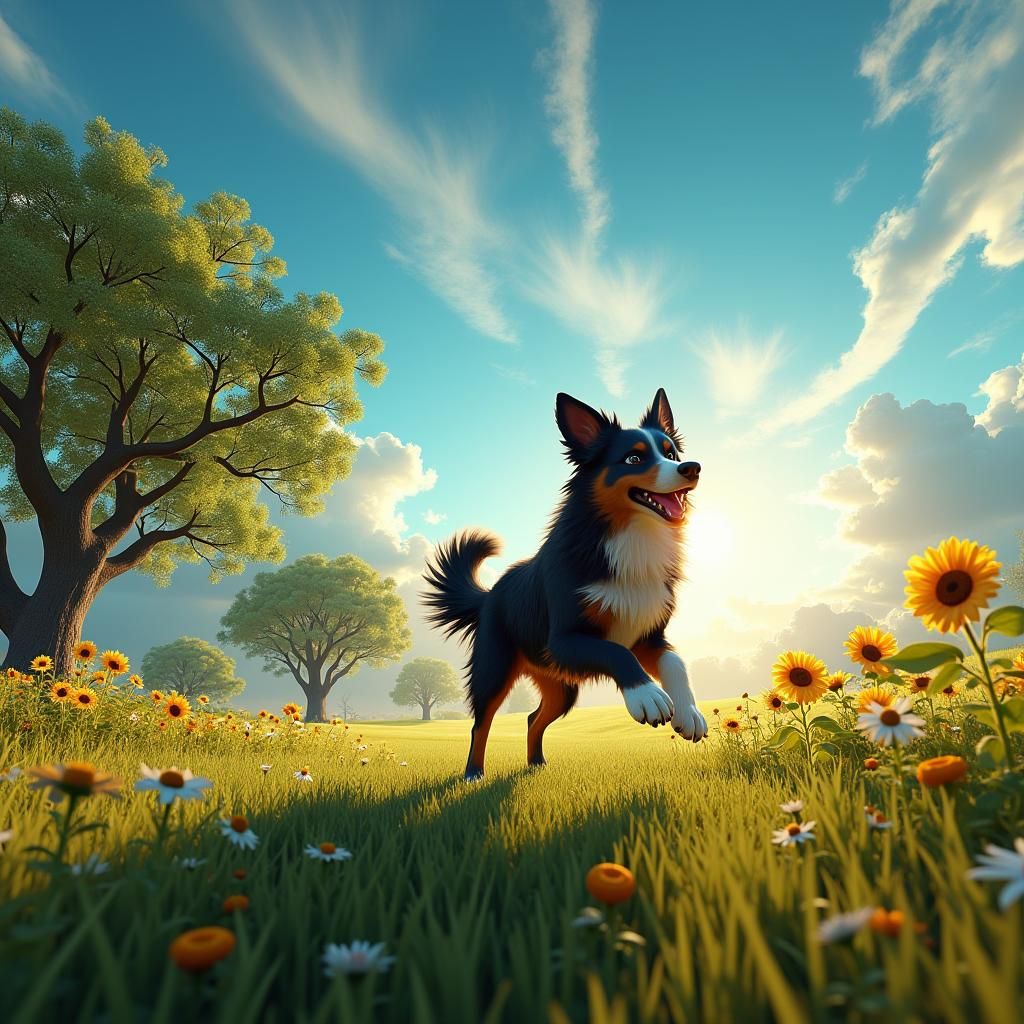 Australian Shepherd in Sunlit Park: Fantasy Concept Art