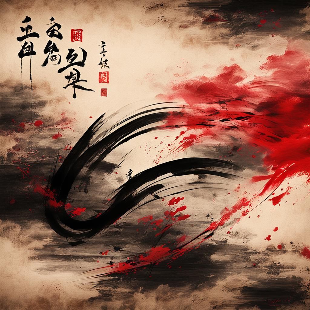 Japanese Wall Art with Red Ink Bleeding
