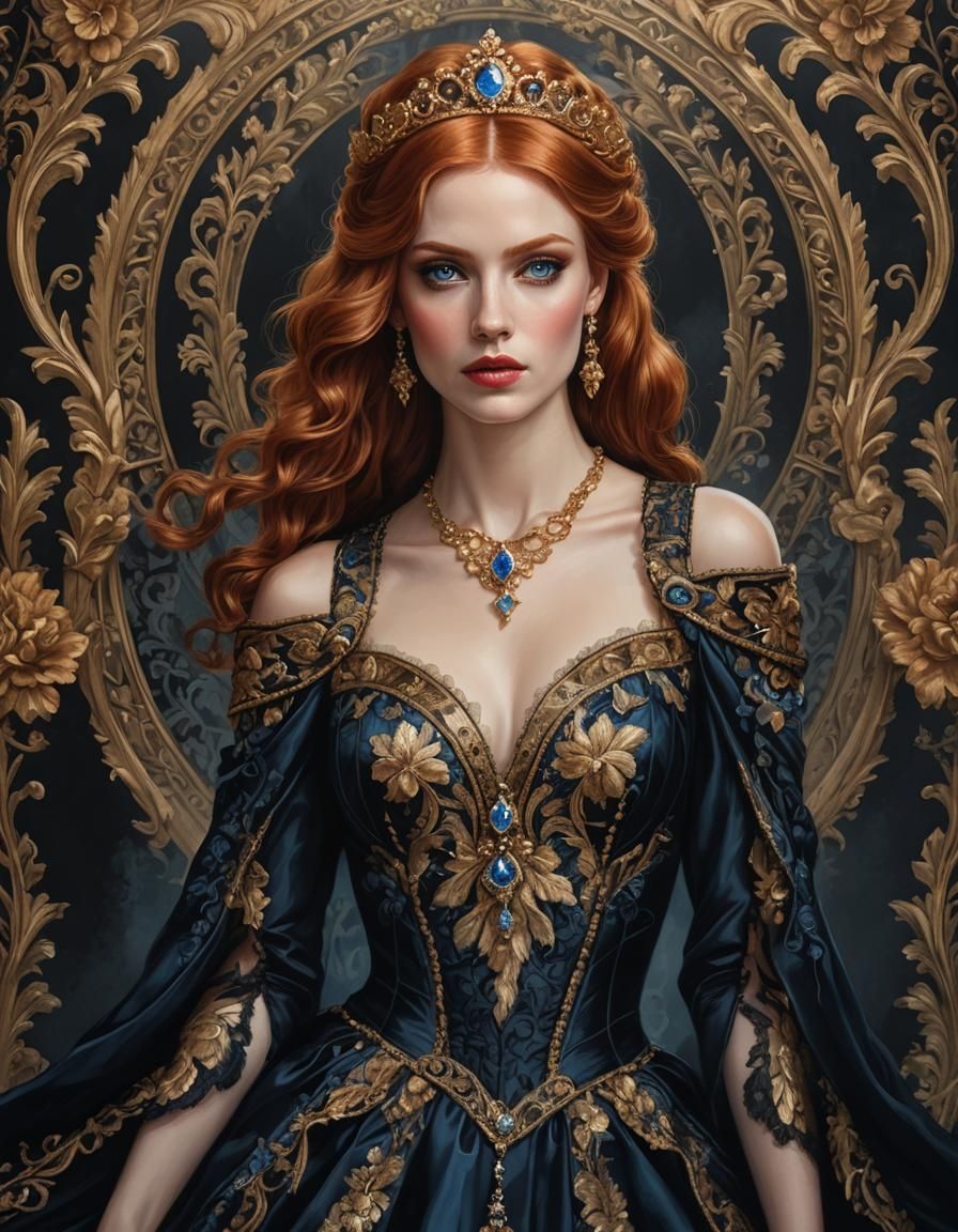 Elegant Redheaded Princess in Dark Baroque Gown