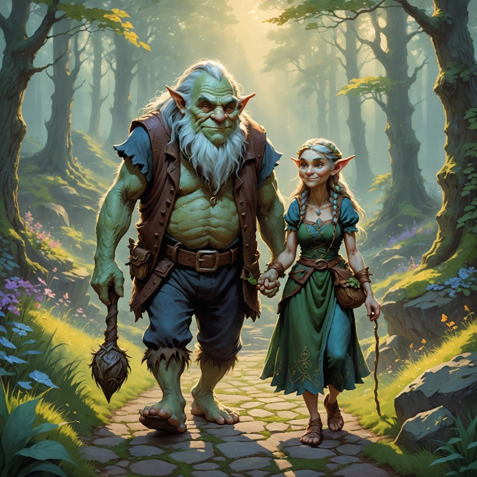 Troll and Elf Walking in Ethereal Fantasy