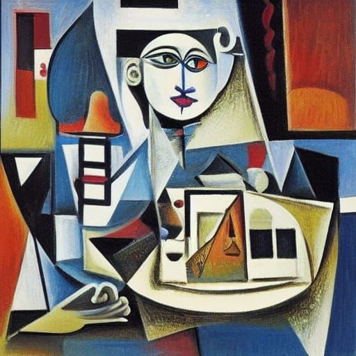 Goth Female Fashion Model in Cubist Coffee Shop, in the Styl...