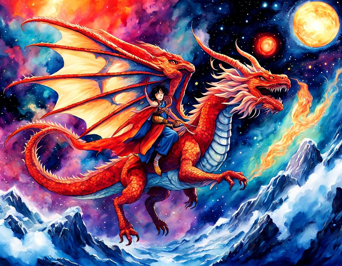 Celestial Dragon Rider in Manga Watercolor Style