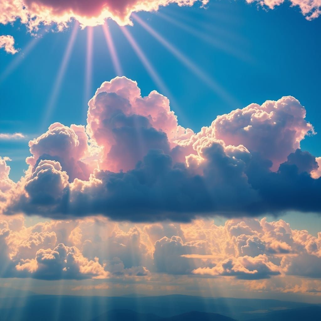 Dreamlike Sky with Lush Pink Clouds and Golden Sunbeams