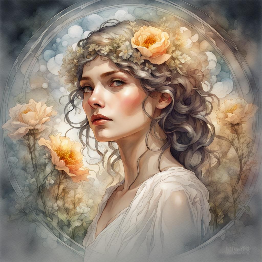 Mystic Woman Portrait in Watercolour Glass Art Style