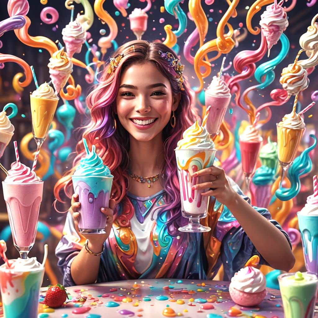 Smiling Girl Blending Rainbow Milkshakes: Detailed Matte Pai...