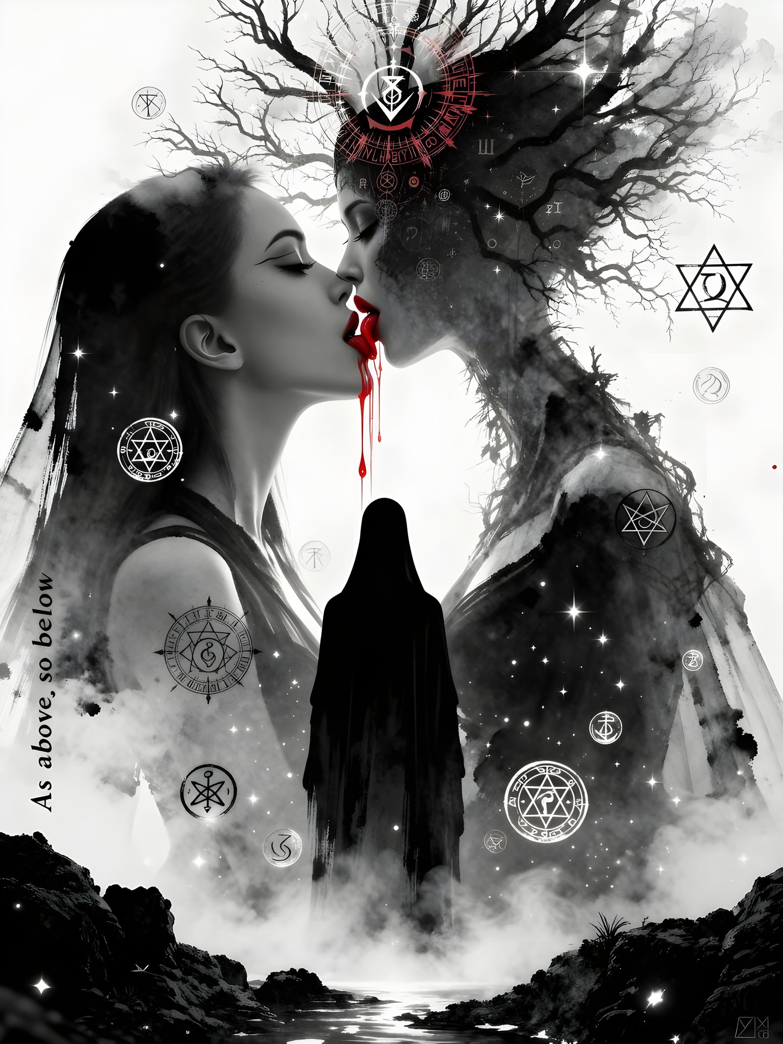 Divine Cultish Figure's Passionate Kiss in Red & Black Art S...