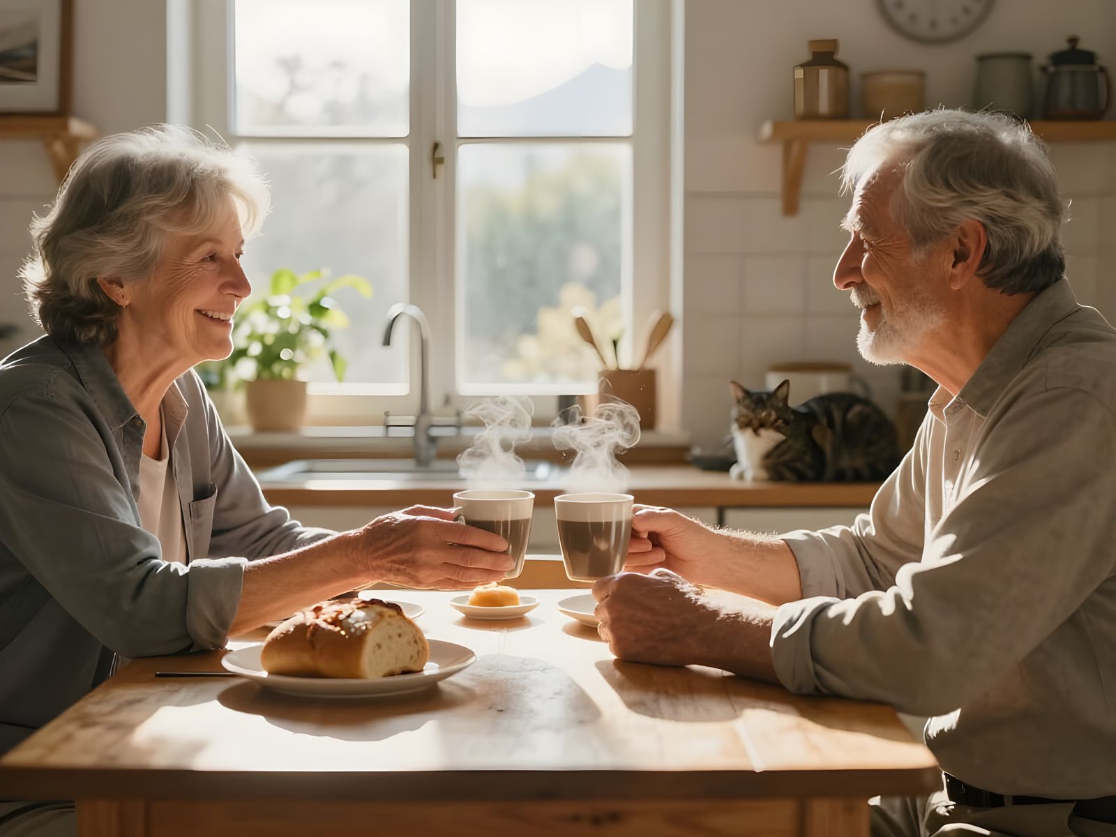 Elderly Couple Shares Coffee in Cozy Kitchen Morning Light