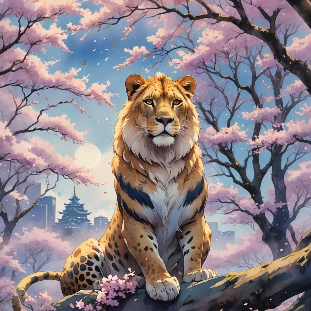 Lion-Leopard Hybrid in Anime Watercolor Style