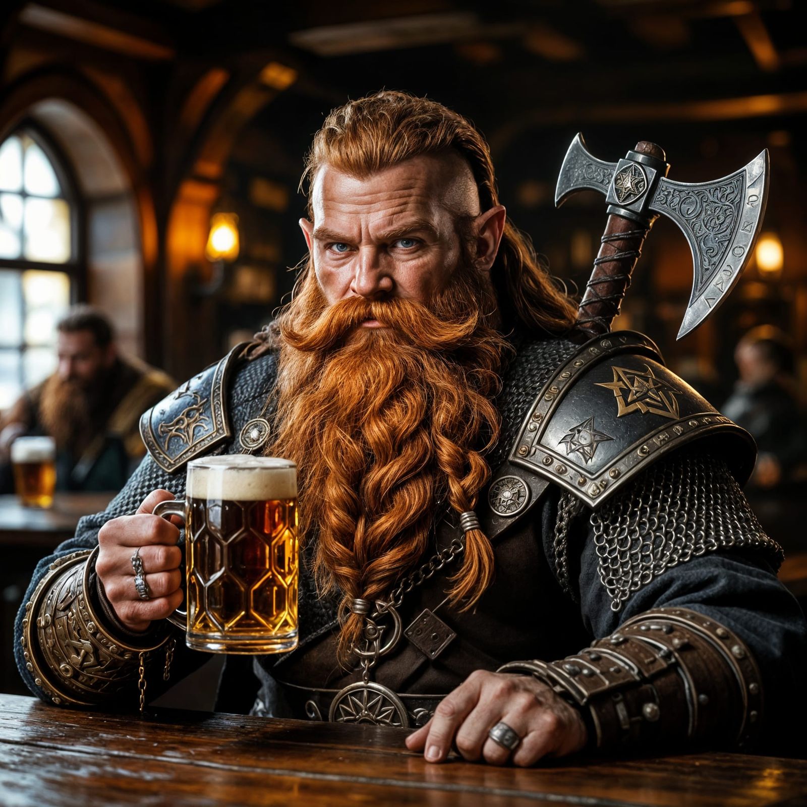 Fantasy Dwarf with Red Beard in Medieval Pub