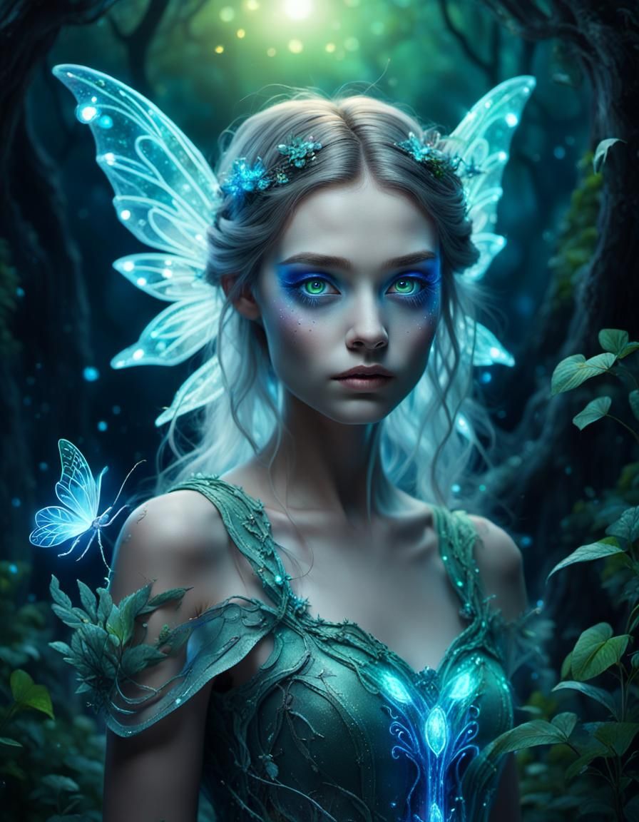 Enchanting Fairy in Bioluminescent Medieval Landscape