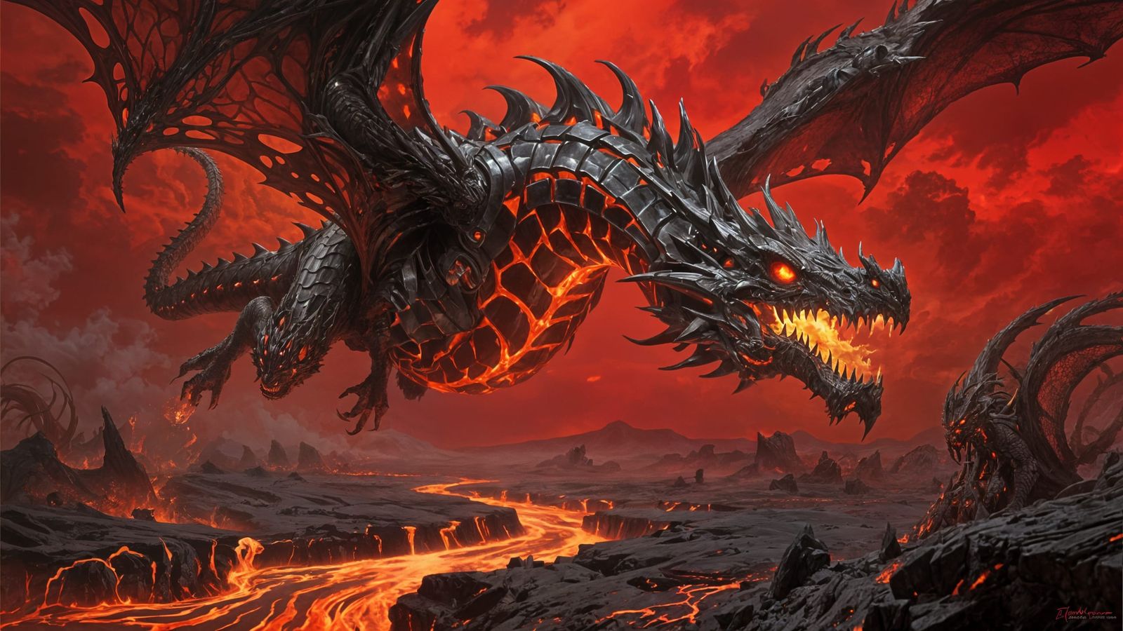 Dragon Soaring Through Crimson Sky in Dark Fantasy Style