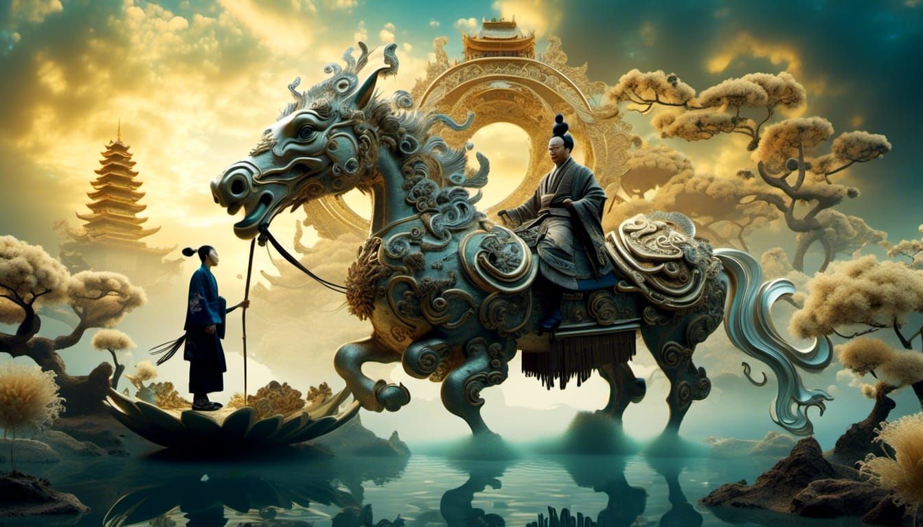 Samurai and Monk in Zen Garden: Surrealist Dreamscape