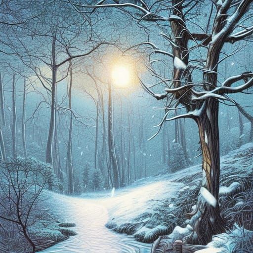 Snowfall in Mountain Forest in Comic Book Art