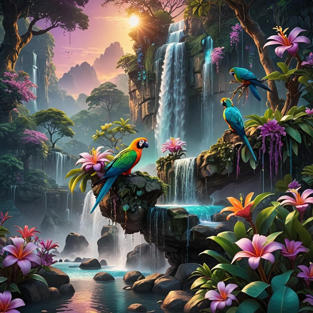 Thailand Waterfall Sunrise with Holographic Details