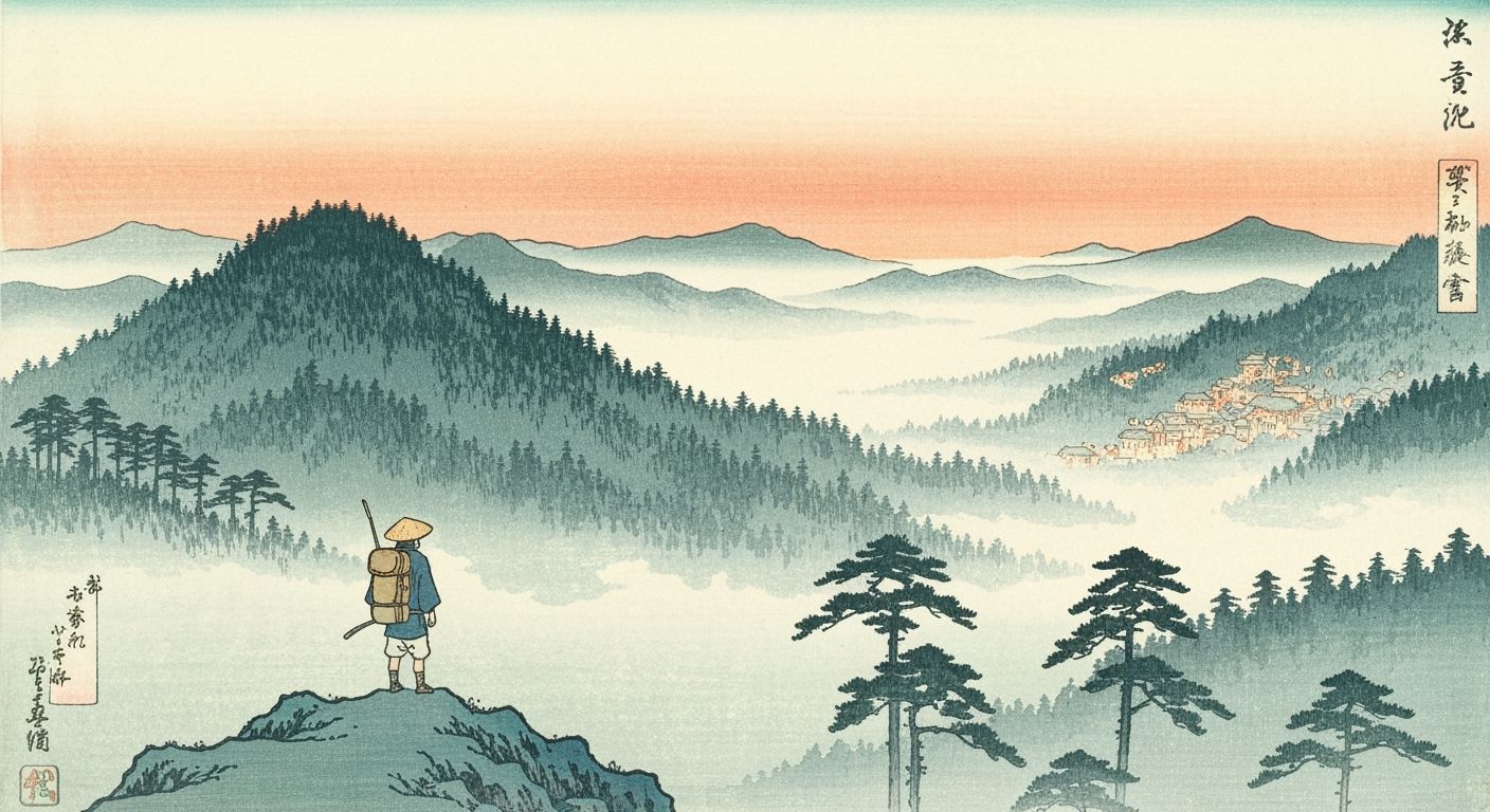 Lone Traveler Gazes Over Ancient Forest at Sunset
